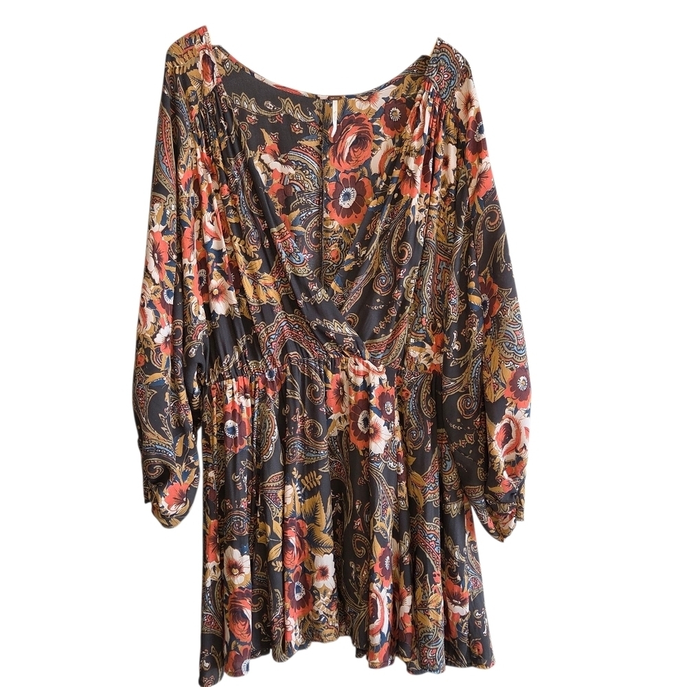 Free People High Plains Floral Deep V-neck Boho Mini Dress Sz L Fall Flowy